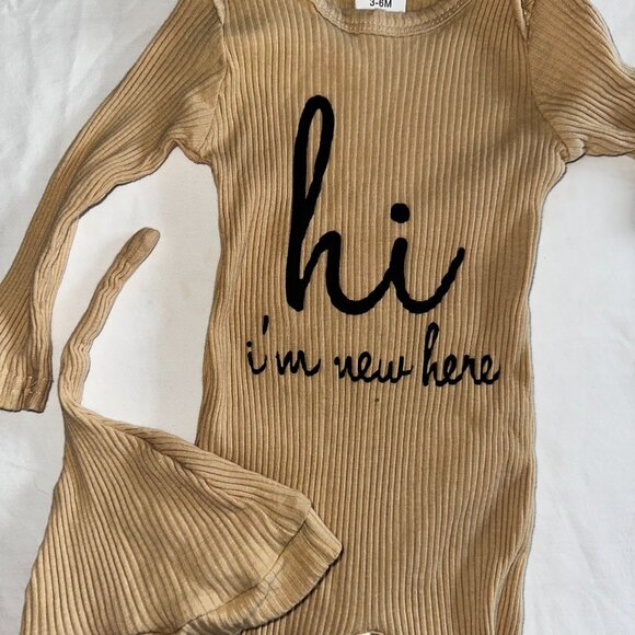 Ribbed Romper & Hat Set 3-6M Hi I’m New Here Neutral Outfit Long Sleeve-KC117 - Picture 5 of 5